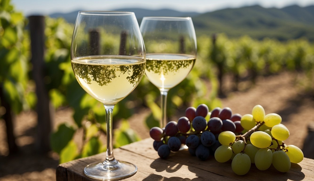 A glass of white wine surrounded by fresh grapes and a vineyard backdrop