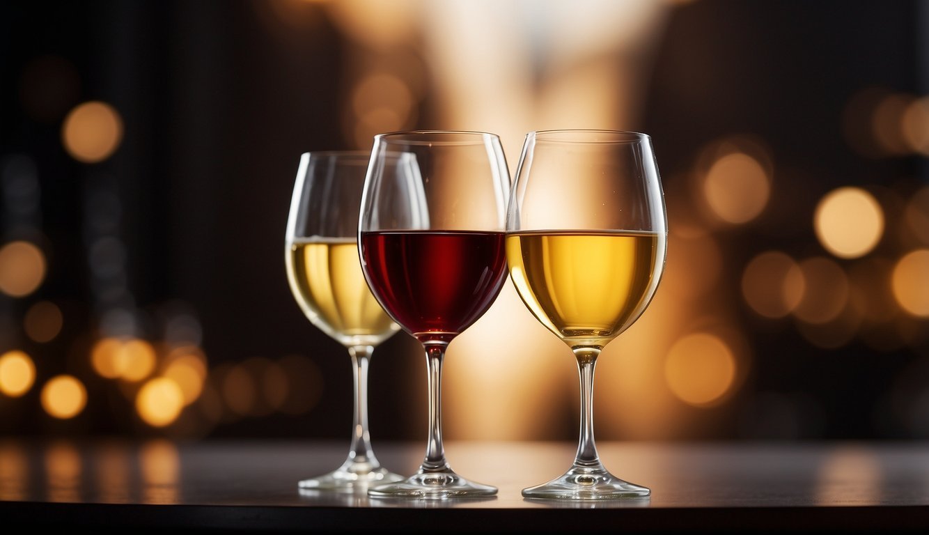 A glass of red wine and a glass of white wine side by side, with a heart symbol and a cholesterol level chart in the background