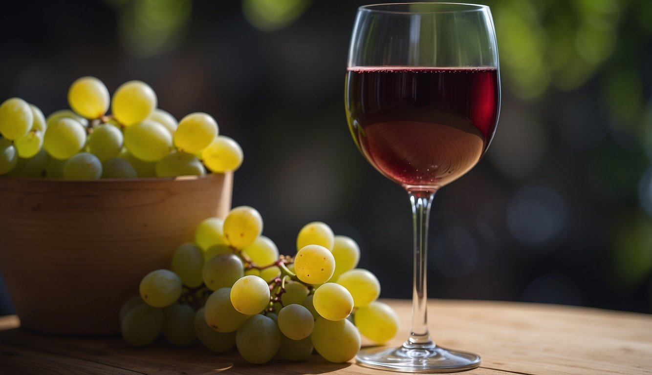 A glass of red wine next to a bunch of grapes, with a bottle of white wine in the background.</p><p>A healthy heart symbol and a brain with a stroke risk reduction percentage displayed