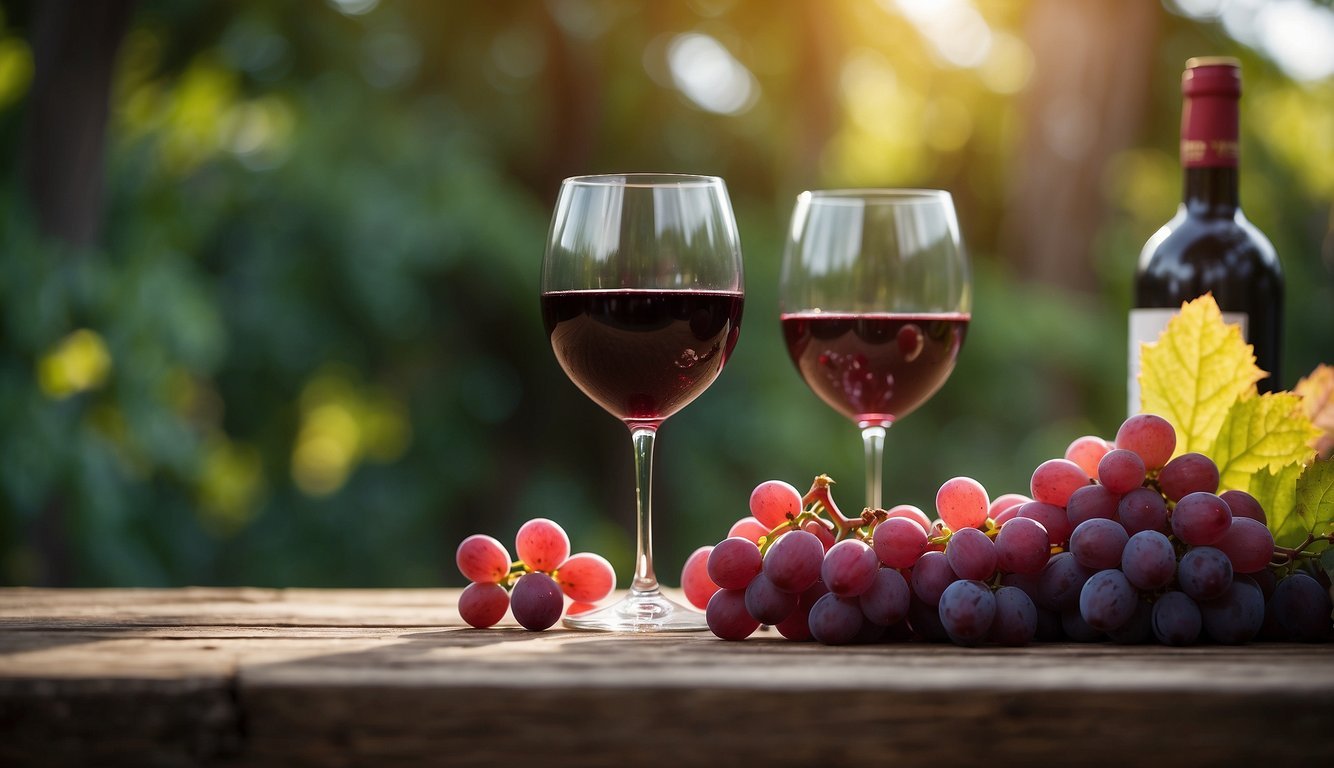 A glass of red wine sits next to a cluster of red grapes on a rustic wooden table, with a bottle of white wine in the background