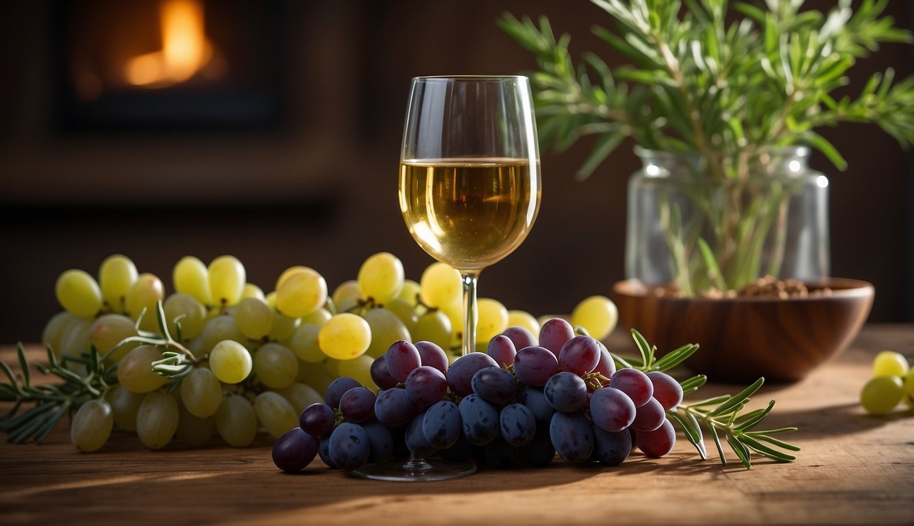 A glass of white wine surrounded by fresh grapes and a sprig of rosemary on a wooden table