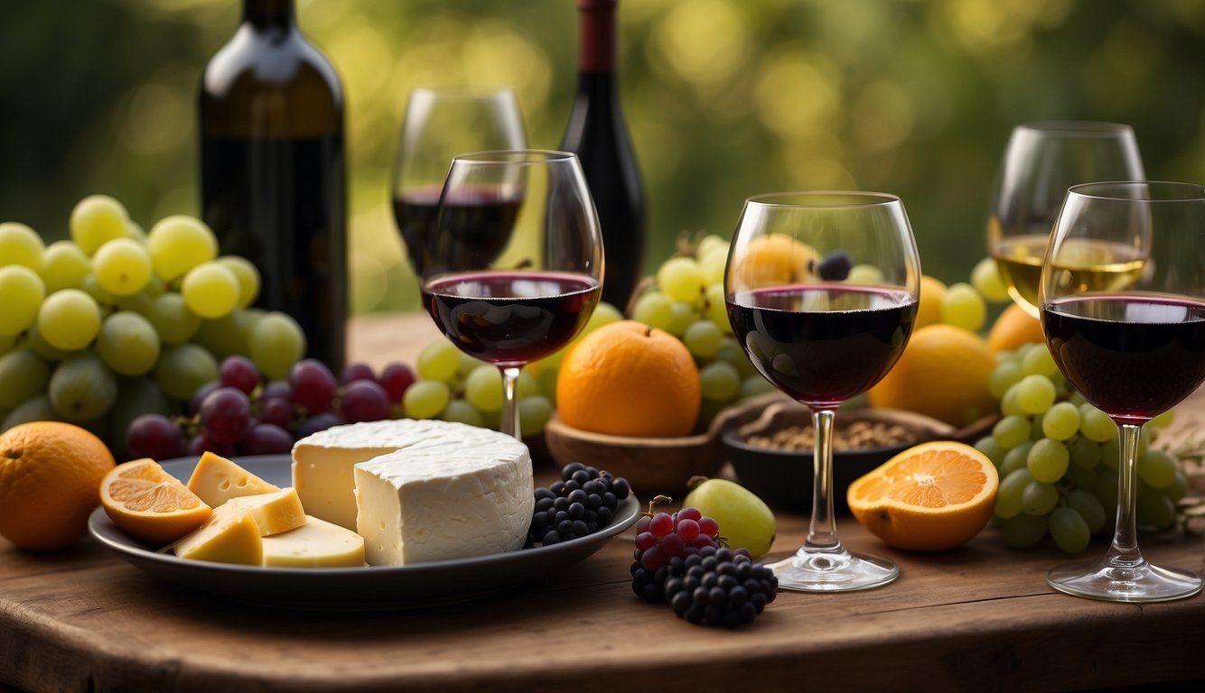 A table set with a bottle of red wine and a bottle of white wine, surrounded by various fruits and cheese.</p><p>A wine glass is filled with each type of wine, ready to be enjoyed