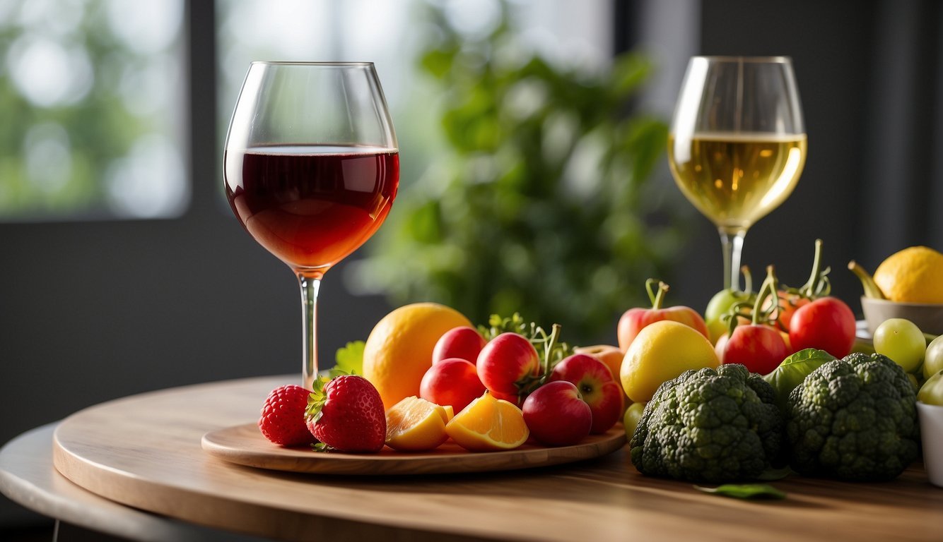 A table with two glasses of wine, one red and one white, surrounded by various fruits and vegetables, with a chart comparing their nutritional benefits