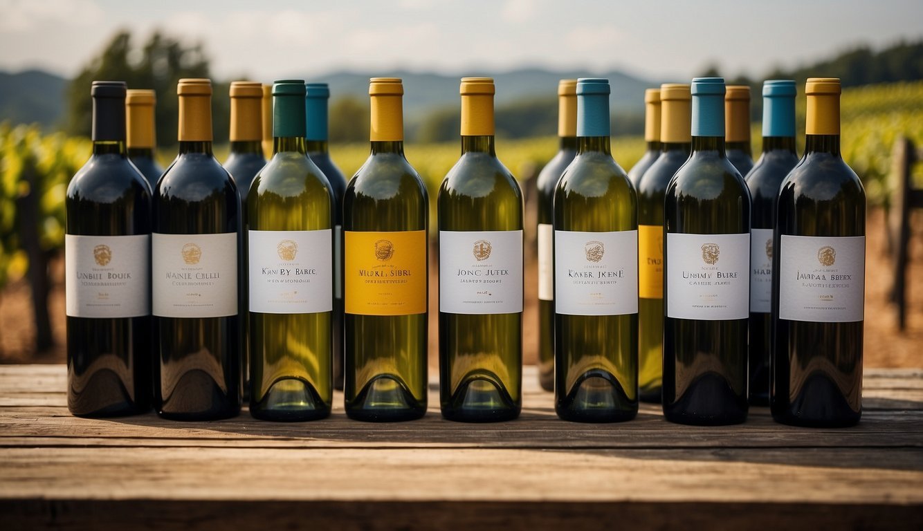 A table with 10 vibrant wine bottles arranged in a row, each with unique and eye-catching labels.</p><p>A picturesque backdrop of a vineyard or rustic wine cellar completes the scene