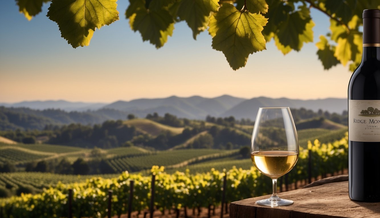 A bottle of Ridge Monte Bello wine set against a scenic backdrop with lush vineyards and rolling hills, capturing the essence of the picturesque winery