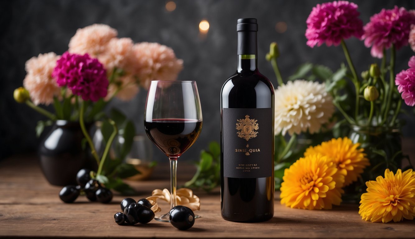 A bottle of Sine Qua Non Syrah surrounded by vibrant flowers and a stylish backdrop, ready for a social media post