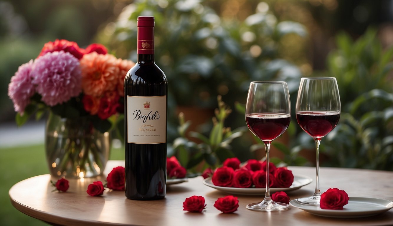 A table set with a bottle of Penfolds Grange surrounded by vibrant flowers and elegant glassware, with soft natural lighting casting a warm glow over the scene