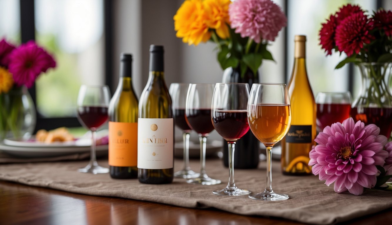 A table set with a variety of colorful and aesthetically pleasing wine bottles, surrounded by vibrant flowers and stylish glassware