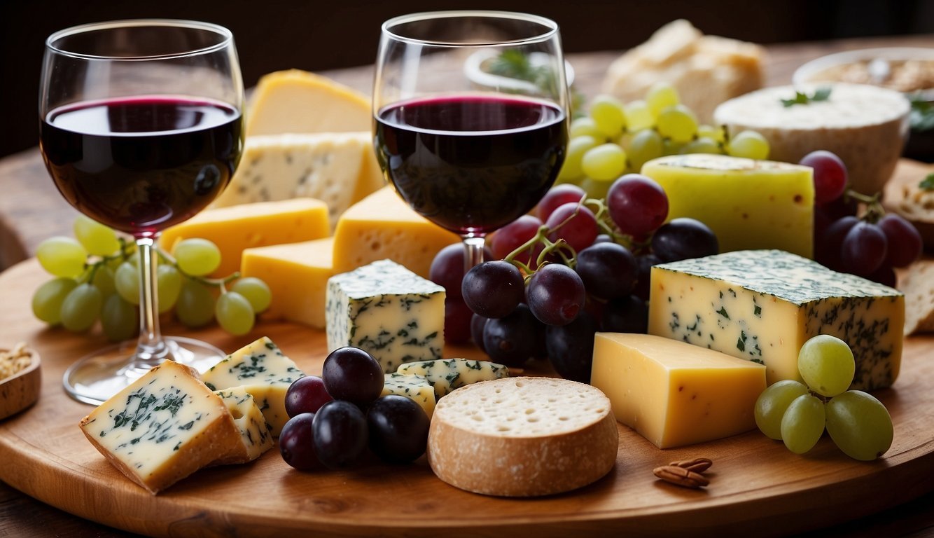 A table with 7 unique wine and cheese pairings displayed.</p><p>Each pairing is labeled with the name of the wine and cheese, arranged in an aesthetically pleasing manner