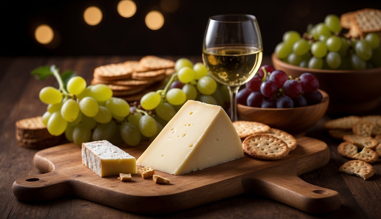 A glass of Sauvignon Blanc next to a wedge of Gruyere cheese on a wooden board, surrounded by grapes and crackers