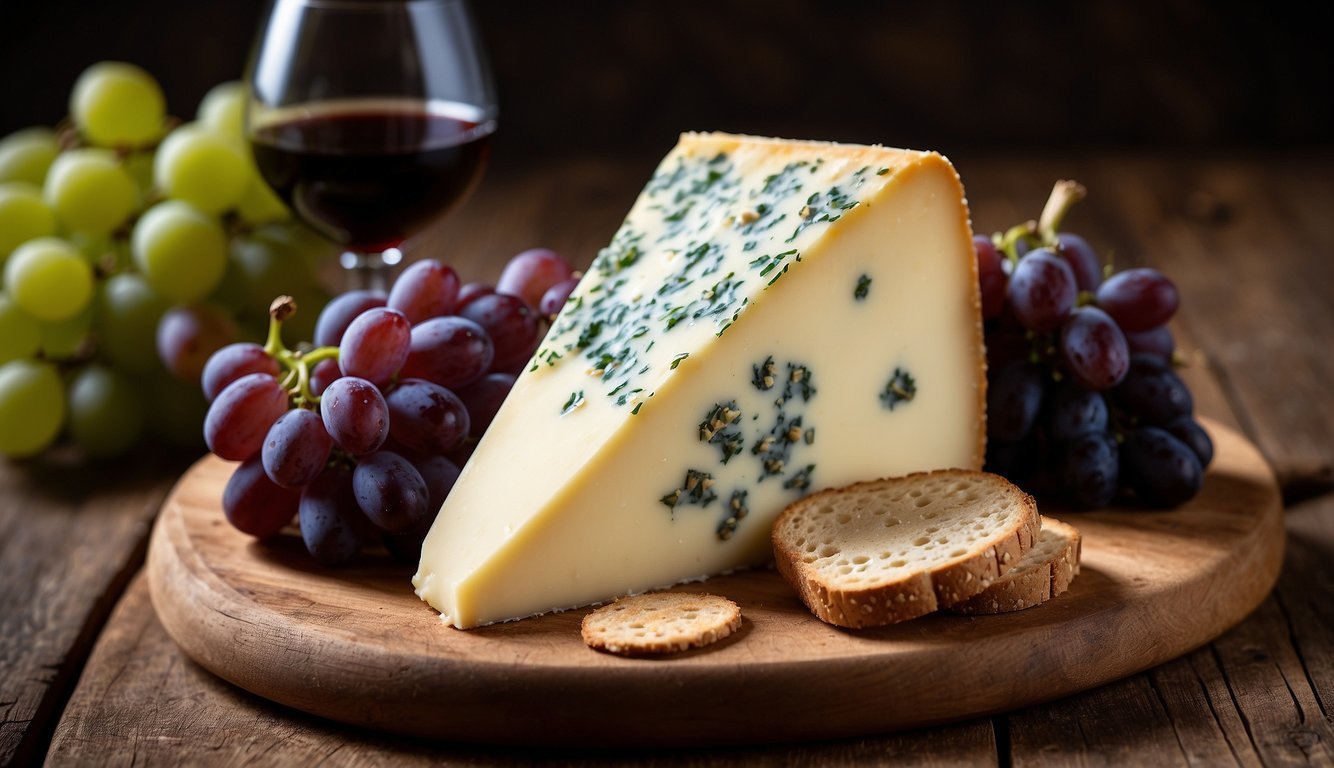 A wedge of Stilton cheese sits next to a glass of port on a rustic wooden board, surrounded by grapes and crackers