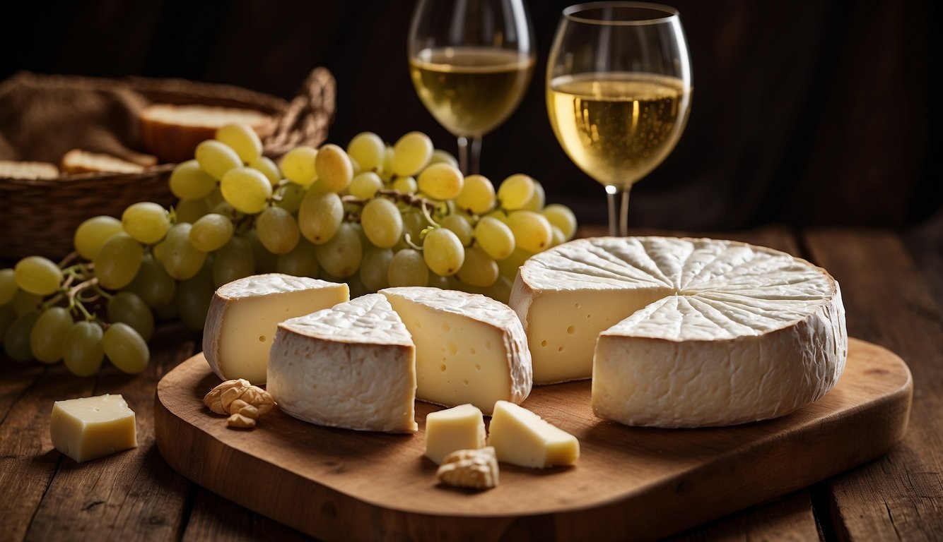 A wheel of Camembert cheese sits next to a glass of Chenin Blanc wine on a rustic wooden table.</p><p>The soft, creamy cheese contrasts with the crisp, golden wine, creating a visually appealing pairing