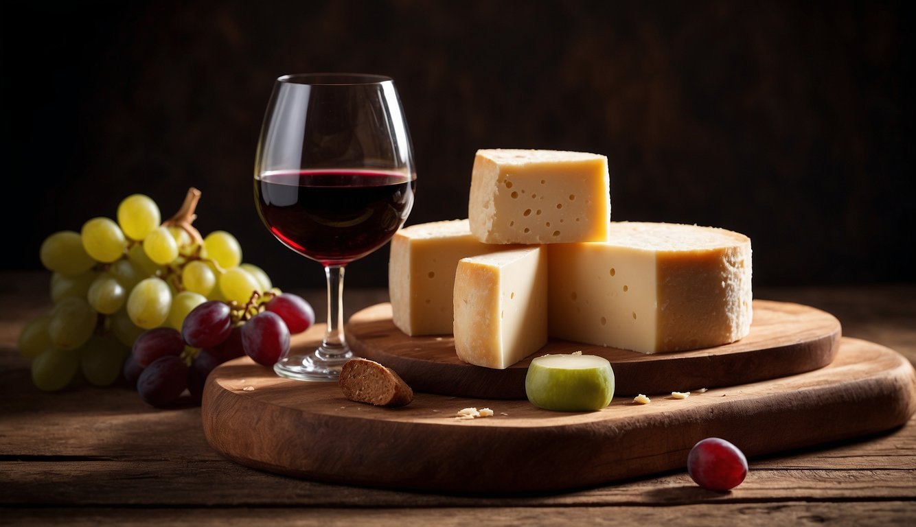 A block of Parmesan cheese sits next to a bottle of Lambrusco wine on a rustic wooden table, with a few scattered grapes and crackers nearby