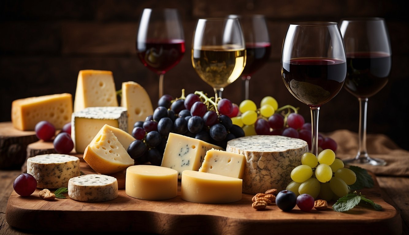 A spread of 7 unique wine and cheese pairings, displayed on a rustic wooden table with elegant wine glasses and cheese knives