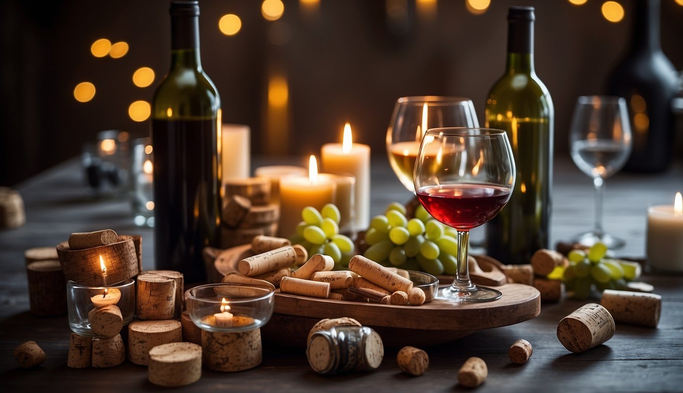 A table with wine bottles, corks, and various household items like candles, straws, and ice cubes arranged in a creative and resourceful manner