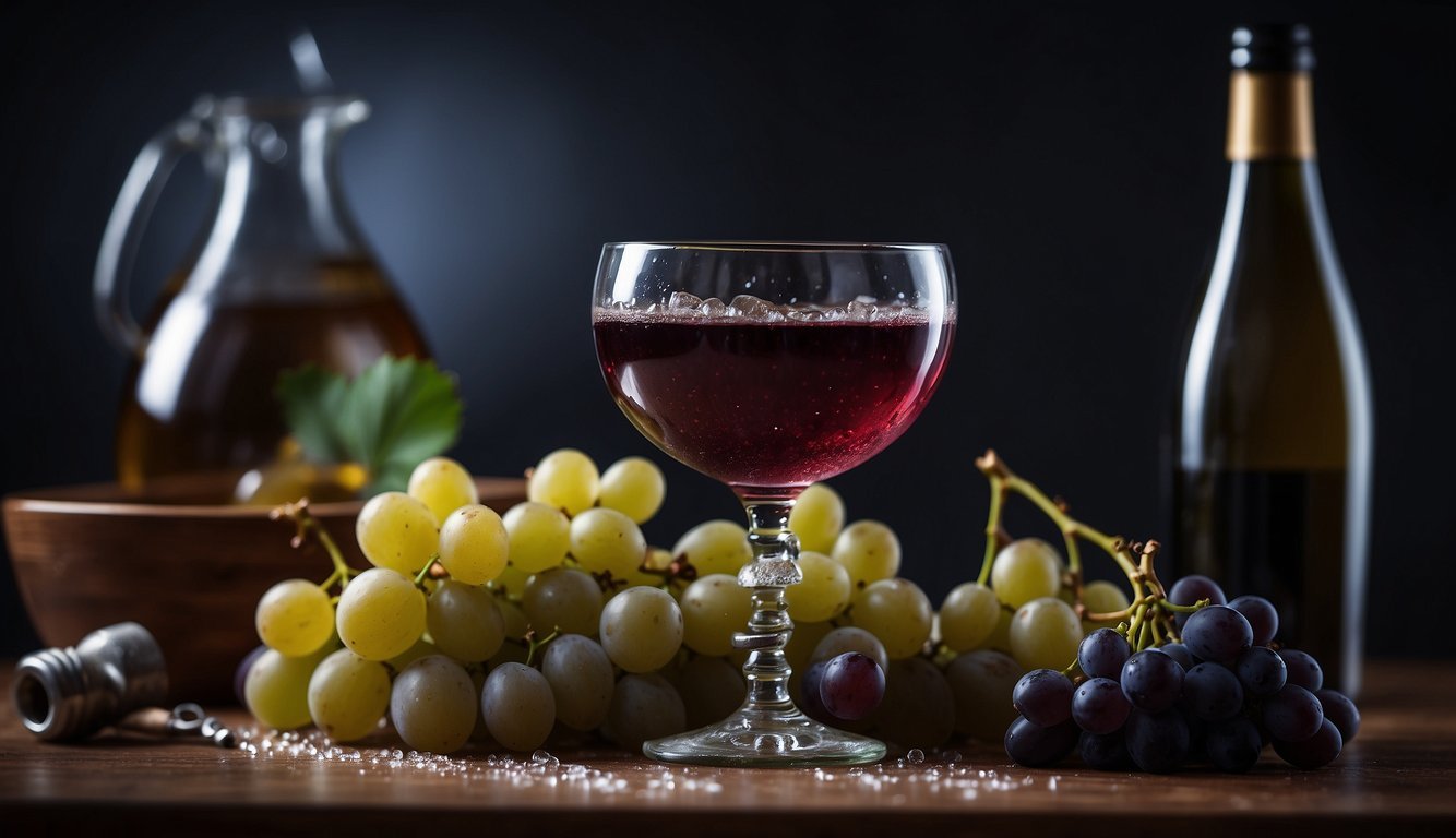 Grapes freeze in a bowl.</p><p>Wine bottle next to it.</p><p>Ice cubes melting.</p><p>Glass and corkscrew nearby