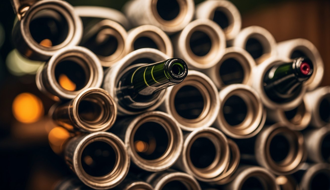 A wine rack made of PVC pipes, creatively arranged to hold multiple bottles of wine