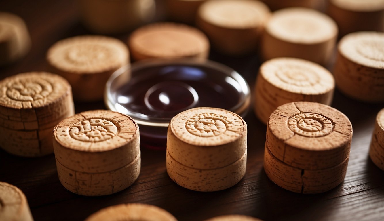 Wine corks arranged in a circular pattern, glued together to form a coaster.</p><p>A glass of wine sits on top