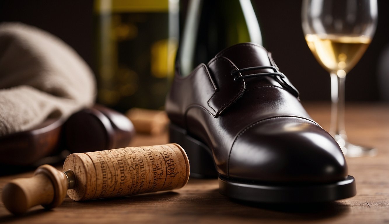 A shoe presses against a wine bottle's cork, leveraging it out