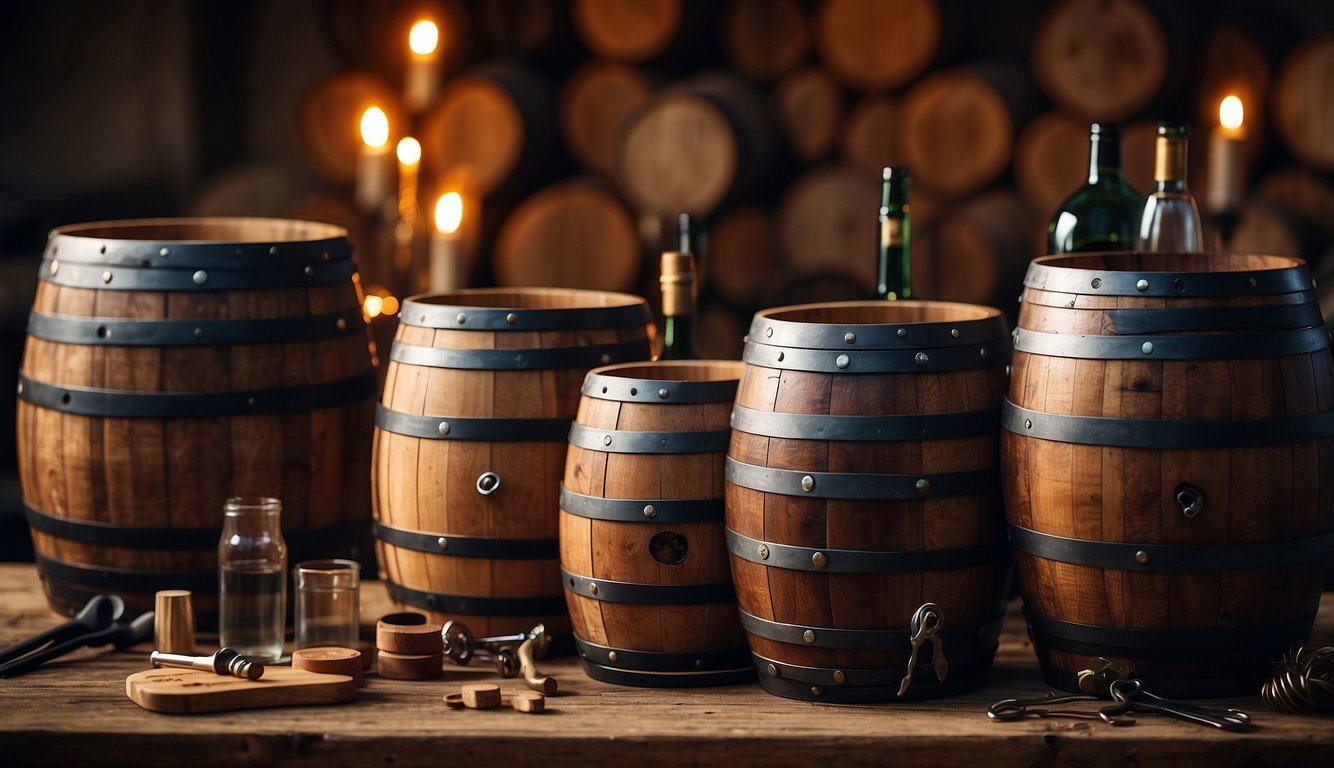 Old wine barrels transformed into furniture, with tools and materials scattered around.</p><p>A sense of creativity and resourcefulness evident in the DIY project