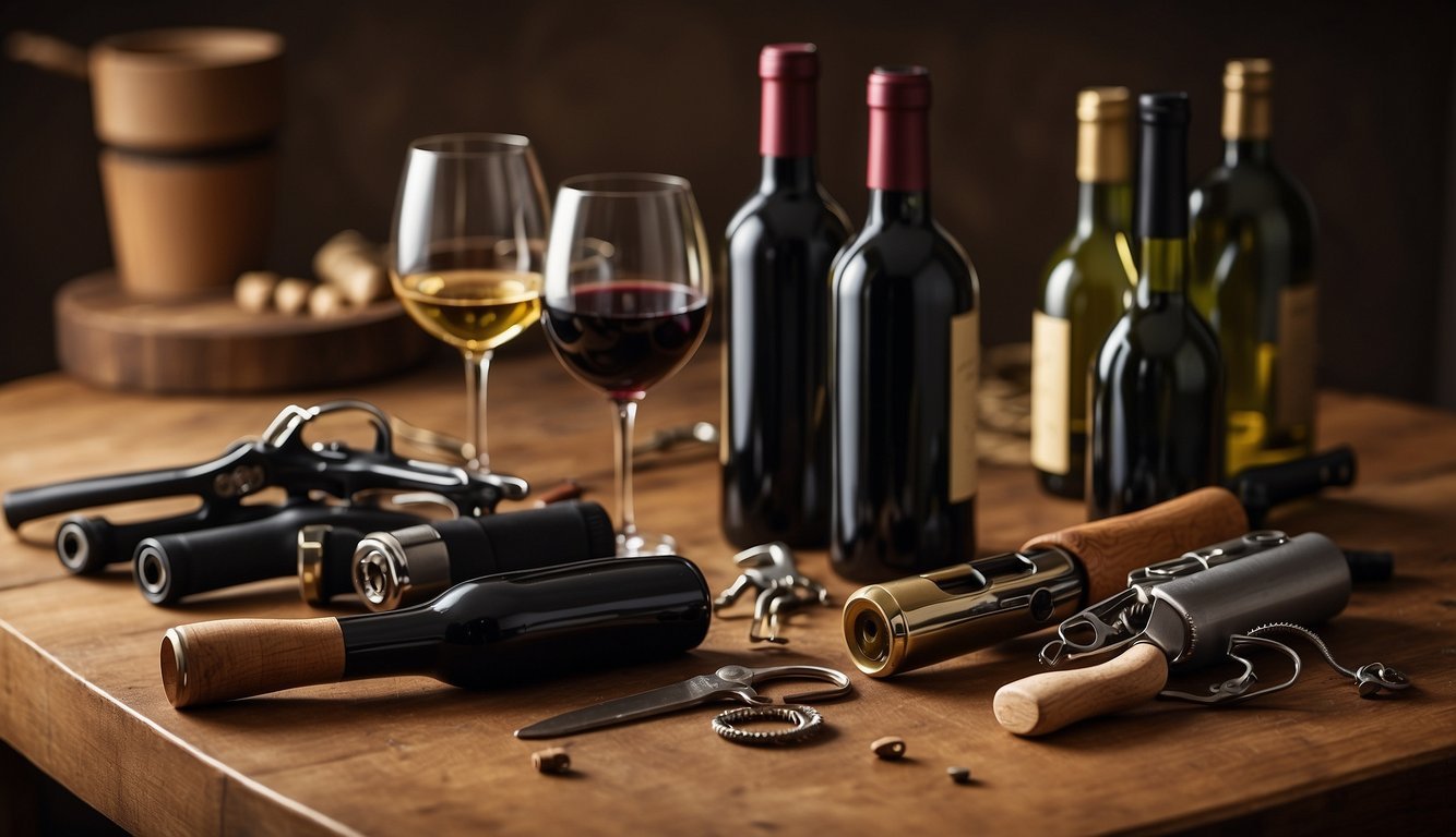 A table with wine bottles, corkscrew, and various DIY tools like rubber bands, pliers, and screwdrivers.</p><p>A wine glass and a bottle opener are also present