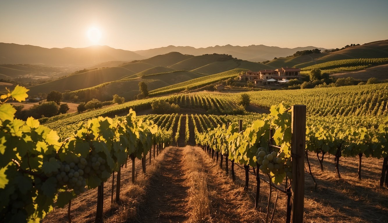 A lush vineyard sprawls across the rolling hills, with rows of grapevines stretching into the distance.</p><p>The sun sets behind the resort, casting a warm glow over the picturesque scene