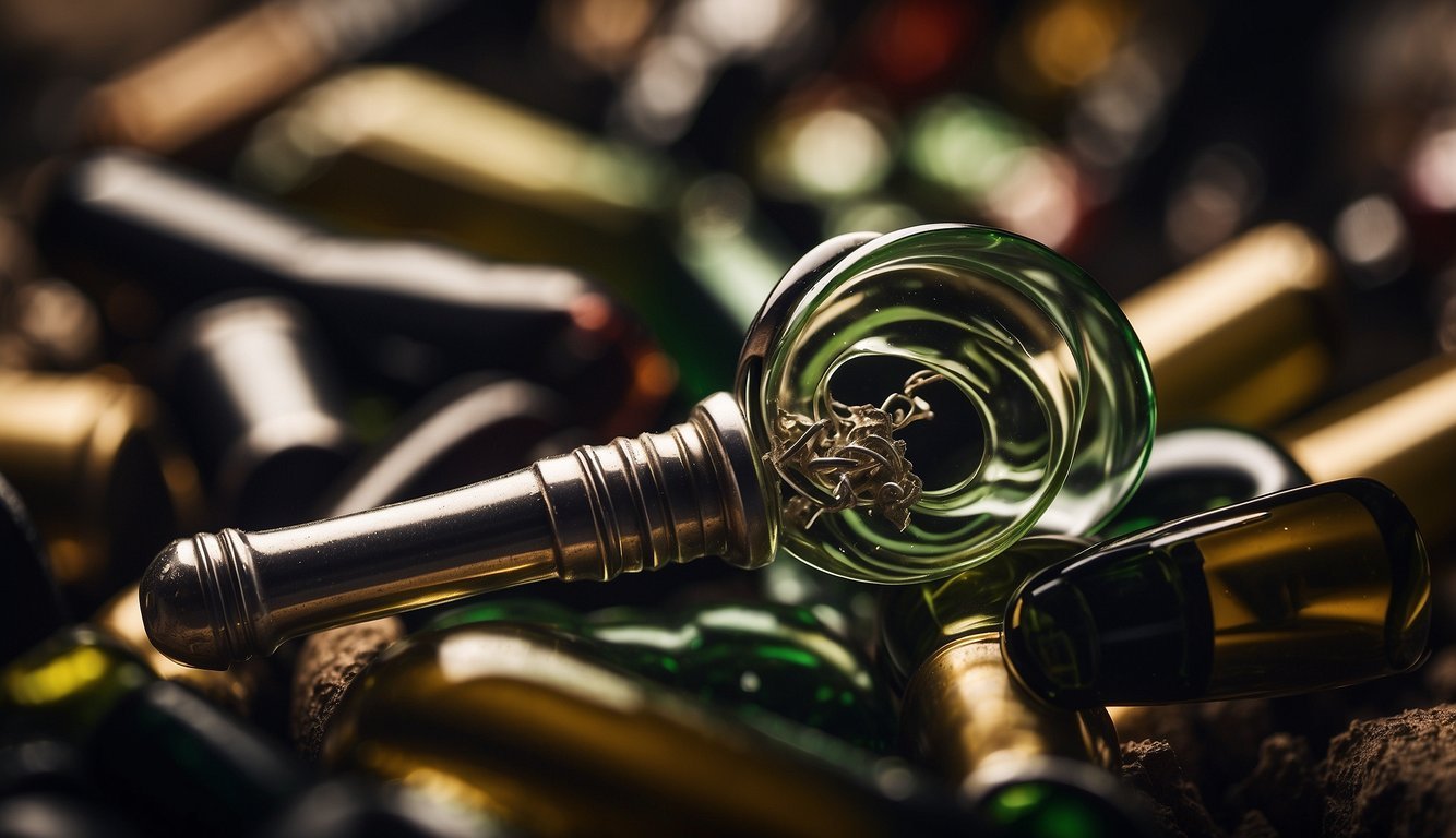 A corkscrew buried in a pile of broken wine bottles.</p><p>The handle is twisted and bent, with shards of glass scattered around it