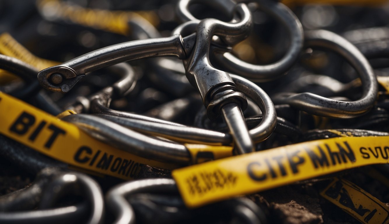 A corkscrew trapped in a tangled mess of rusty, twisted metal, surrounded by warning signs and caution tape