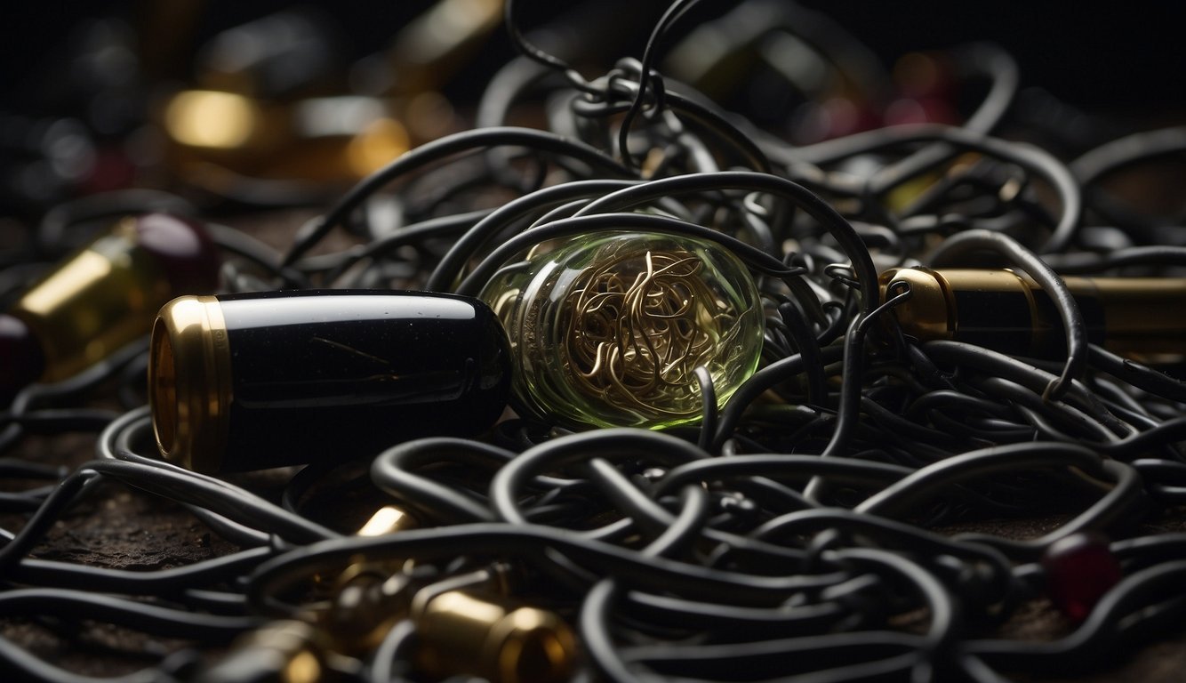 A corkscrew trapped in a tangled mess of wires, surrounded by broken glass and spilled wine.</p><p>A dark cloud looms overhead, casting a shadow on the chaotic scene