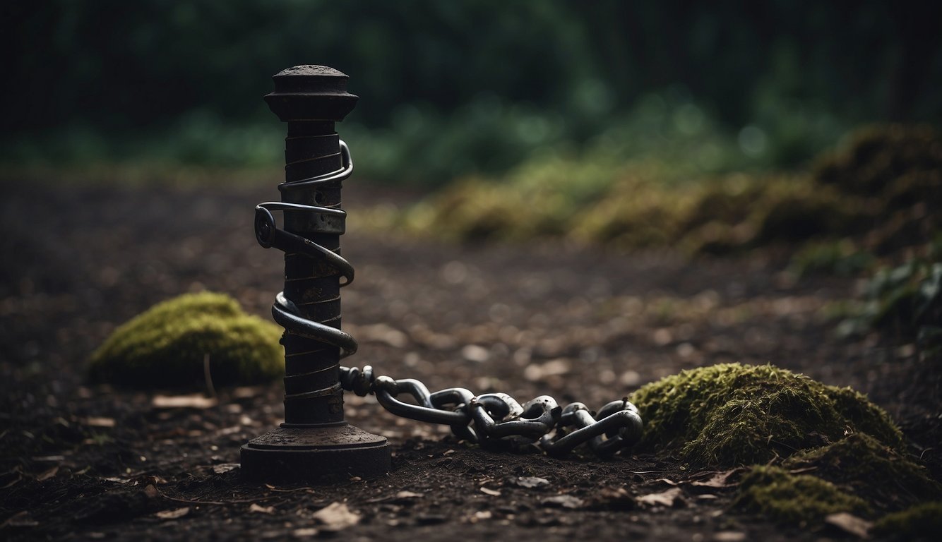 A corkscrew stands next to a broken signpost, its handles lying on the ground.</p><p>The surrounding area is dark and ominous, with a sense of decay and neglect