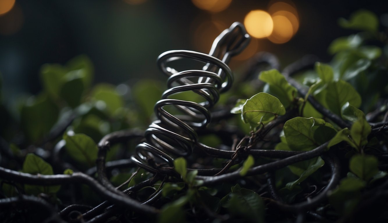 A corkscrew tangled in twisted vines, emitting an eerie glow.</p><p>Surrounding it, wilted flowers and broken glass.</p><p>A sense of suffocating darkness looms