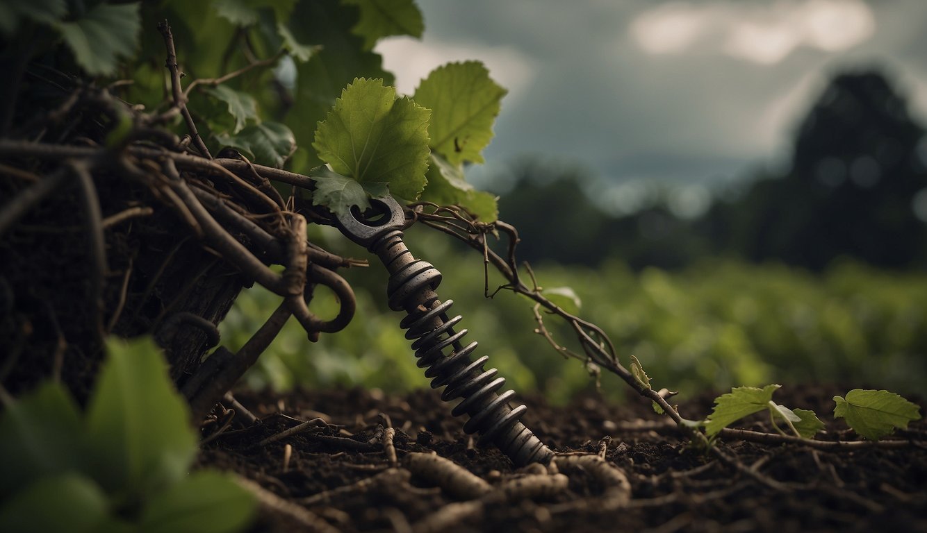 A corkscrew struggles to free itself from tangled vines, while a dark cloud hovers overhead.</p><p>Broken corks litter the ground, and the air is filled with a sense of suffocation