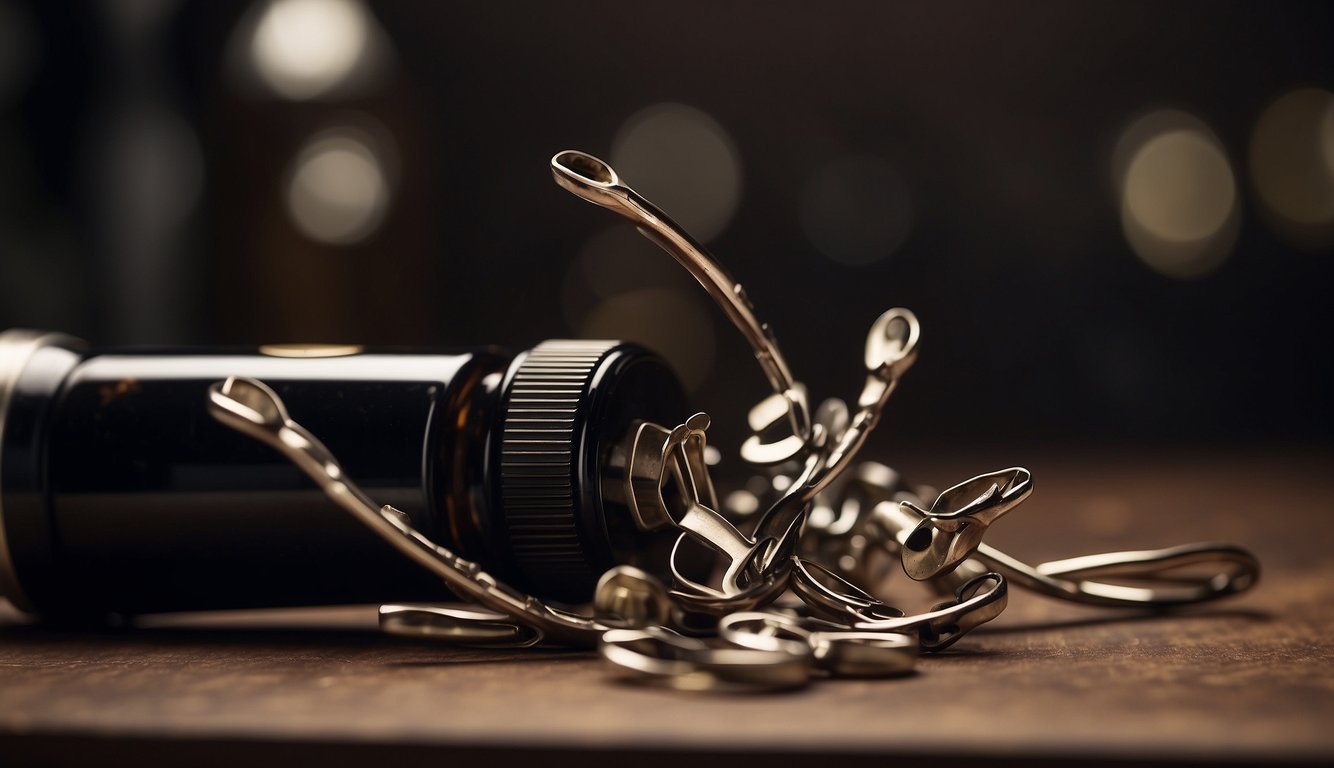 A corkscrew bends under pressure, surrounded by broken wine bottles and a sense of unease