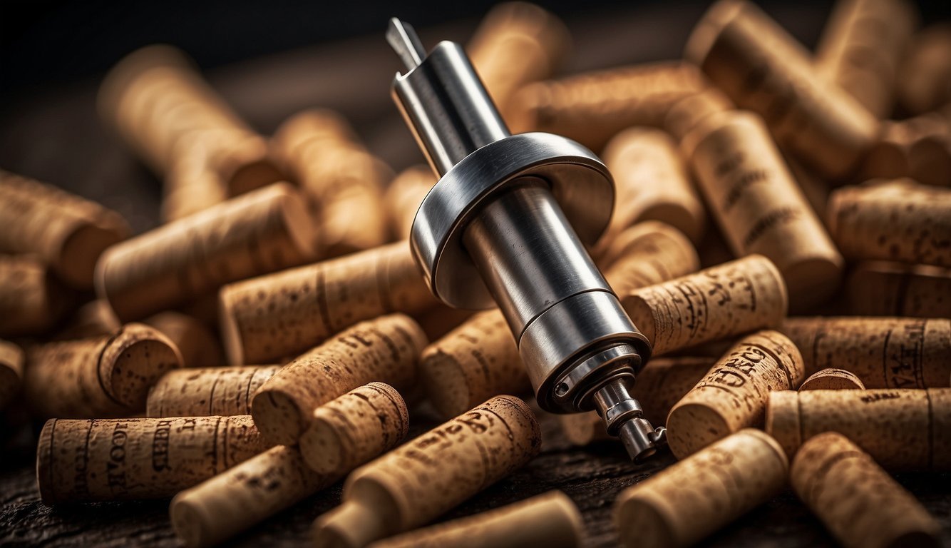 A corkscrew surrounded by broken and twisted corks, emitting toxic fumes