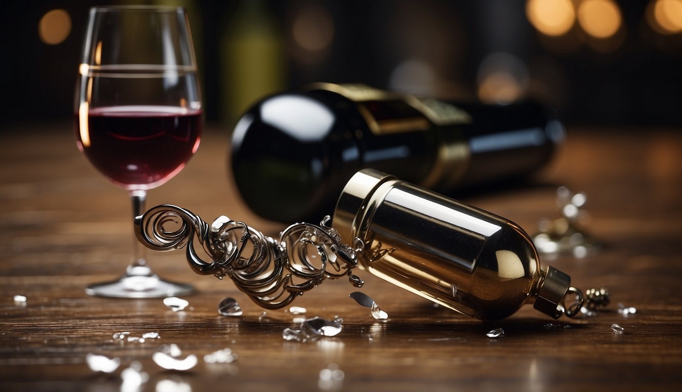 A corkscrew slips from a table, knocking over a glass of wine and spilling its contents.</p><p>The scene is chaotic, with shattered glass and a twisted corkscrew on the floor