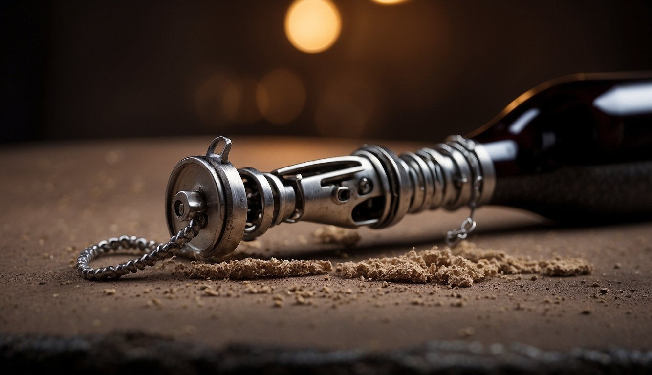 A corkscrew sits unused, covered in dust.</p><p>Nearby, a bottle of wine remains unopened.</p><p>Signs of neglect and disuse are evident