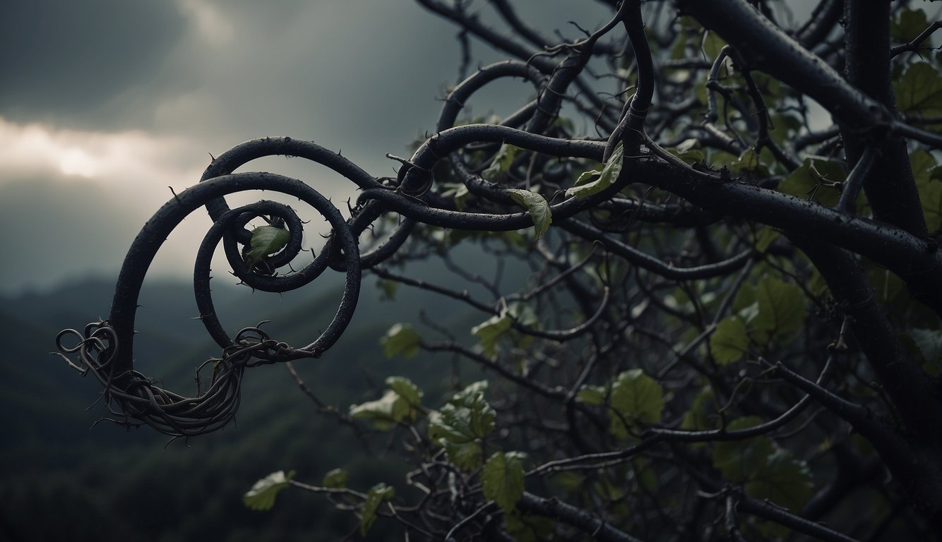 A corkscrew tangled in a web of thorny vines, surrounded by dark storm clouds and toxic fumes, with 10 warning signs swirling around it