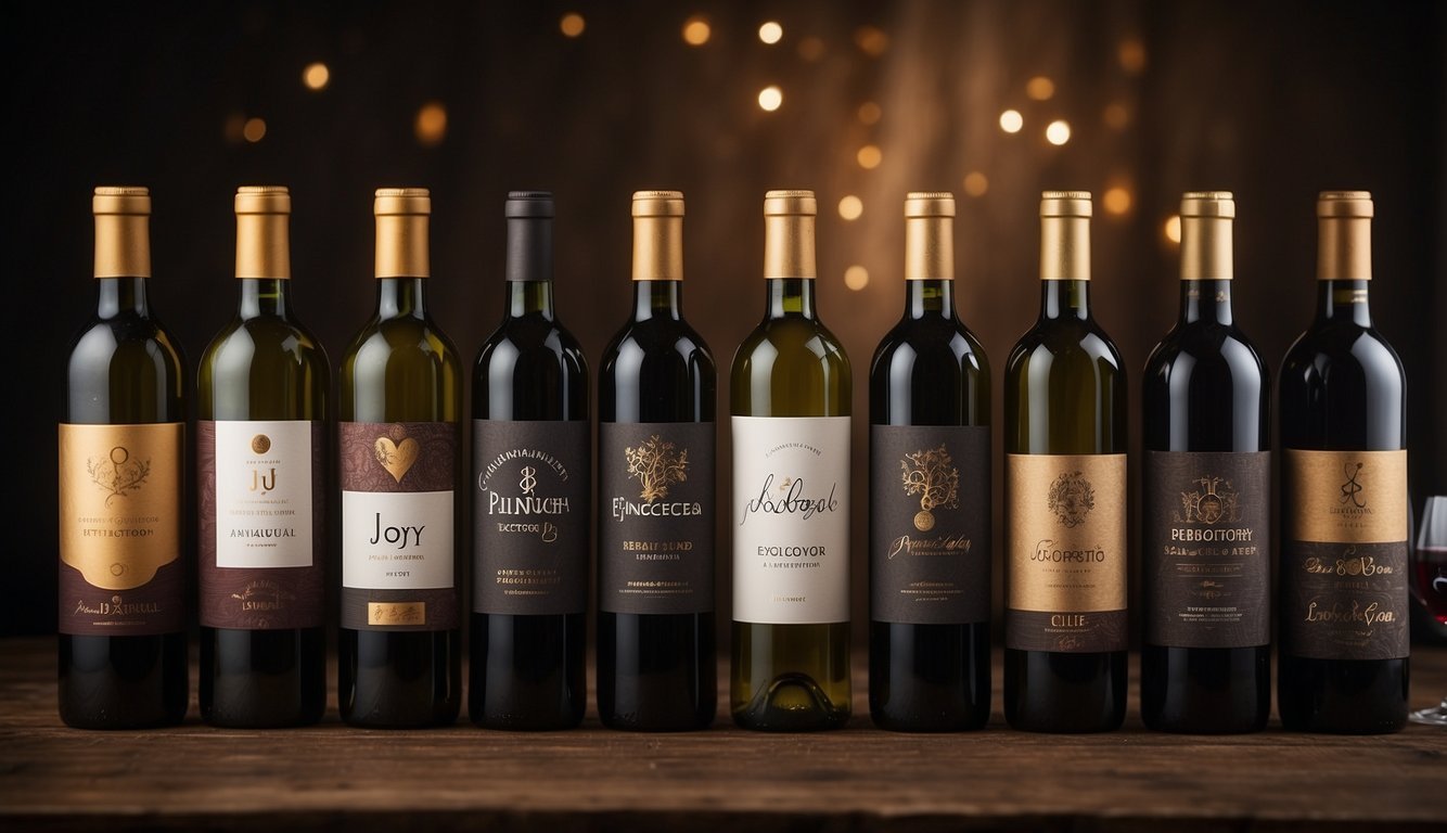 A table with 8 wine bottles, each representing a different emotion.</p><p>Labels show "Joy", "Sorrow", "Excitement", "Regret", "Love", "Anger", "Peace", "Anxiety"