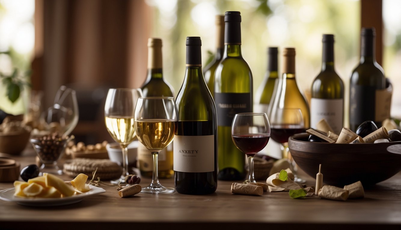 A cluttered table with wine bottles, each labeled with emotions like "anxiety" and "nostalgia." A person sits nearby, looking contemplative