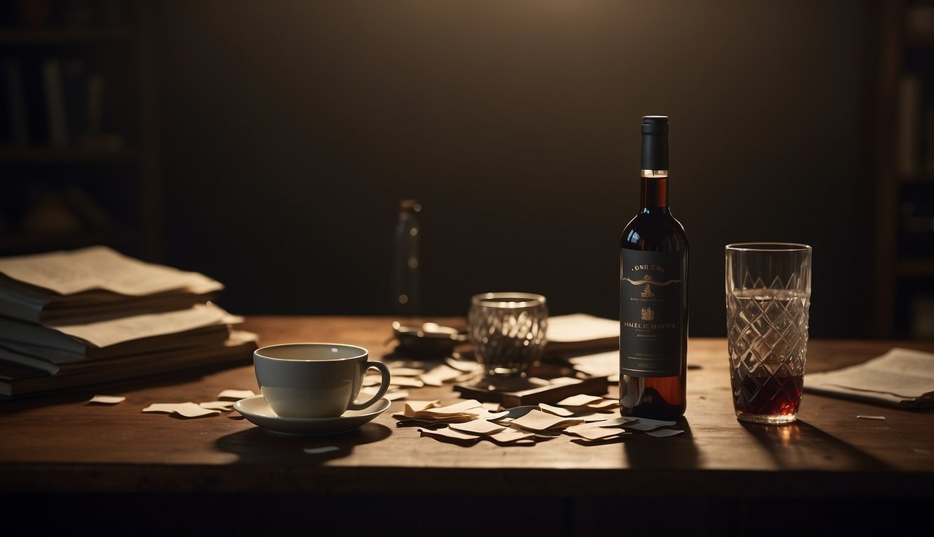 A bottle of Malbec sits on a table, surrounded by scattered papers and a broken mug.</p><p>The room is dimly lit, with a sense of tension and frustration in the air