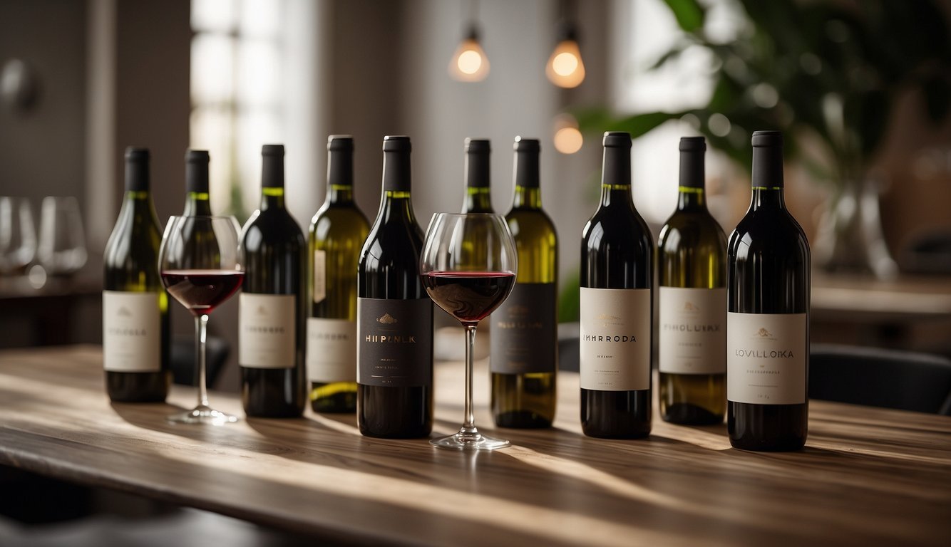 A table set with 8 different wine bottles, each labeled with an emotion.</p><p>A person pondering over the selection, trying to match their own emotional state with the right wine