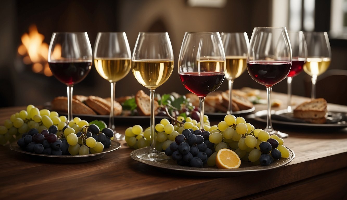 A table set with 8 wine glasses, each filled with a different wine.</p><p>A variety of emotional baggage items scattered around the table, such as a broken heart, a tangled mess of headphones, and a stack of unread letters