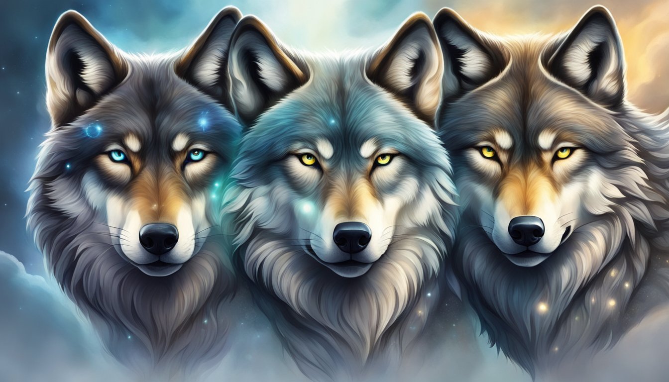 Three wolves stand together, their eyes glowing with wisdom and strength, surrounded by a mystical aura of protection and guidance