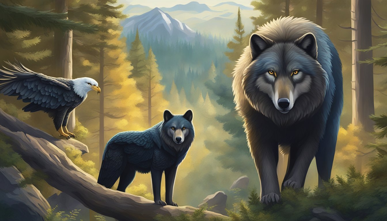 Three spirit animals, a wolf, a bear, and an eagle, stand together in a peaceful forest clearing, symbolizing protection and guidance