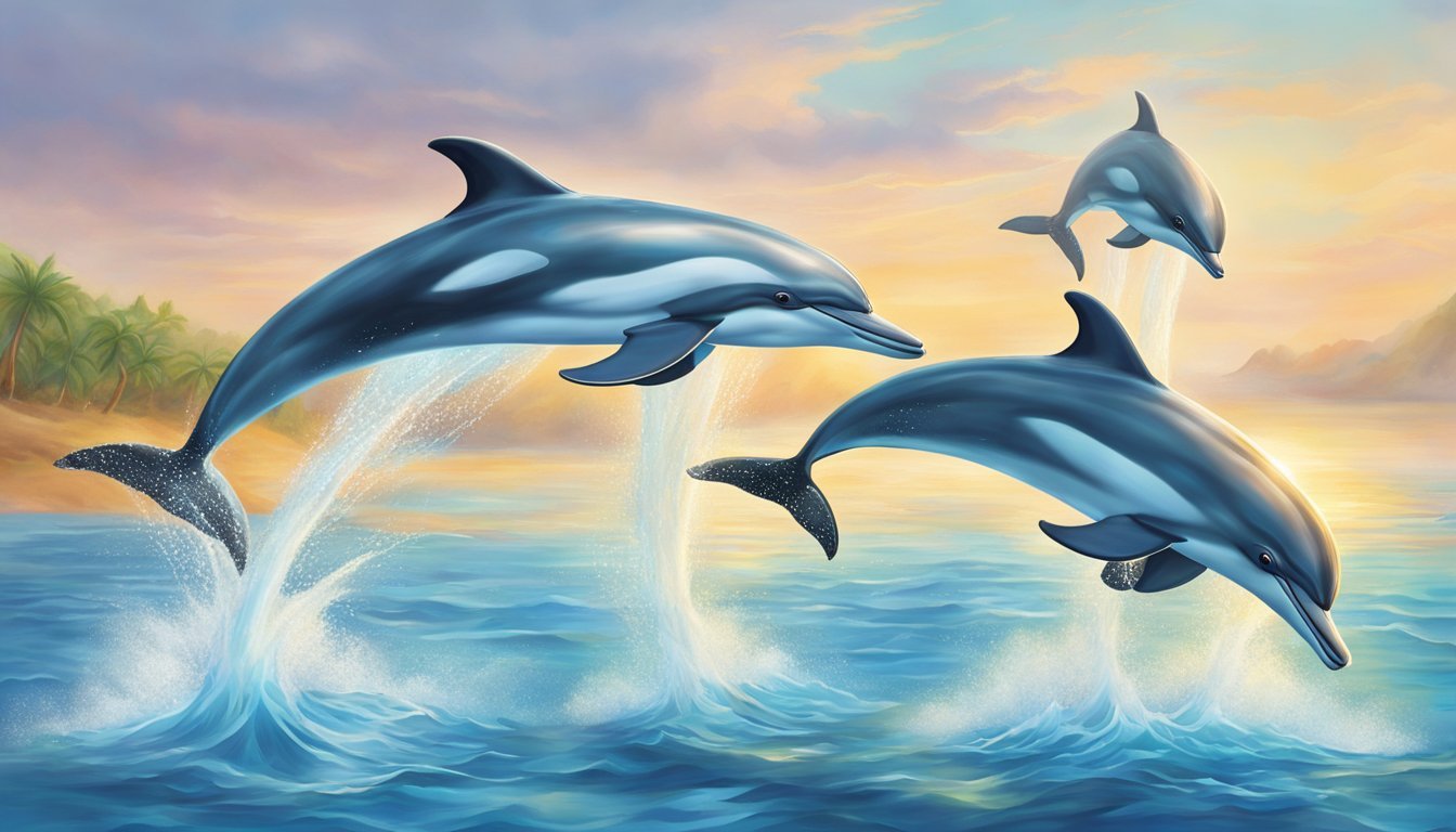 Three dolphins leap from crystal waters, their sleek bodies arcing gracefully through the air, embodying adventure and exploration