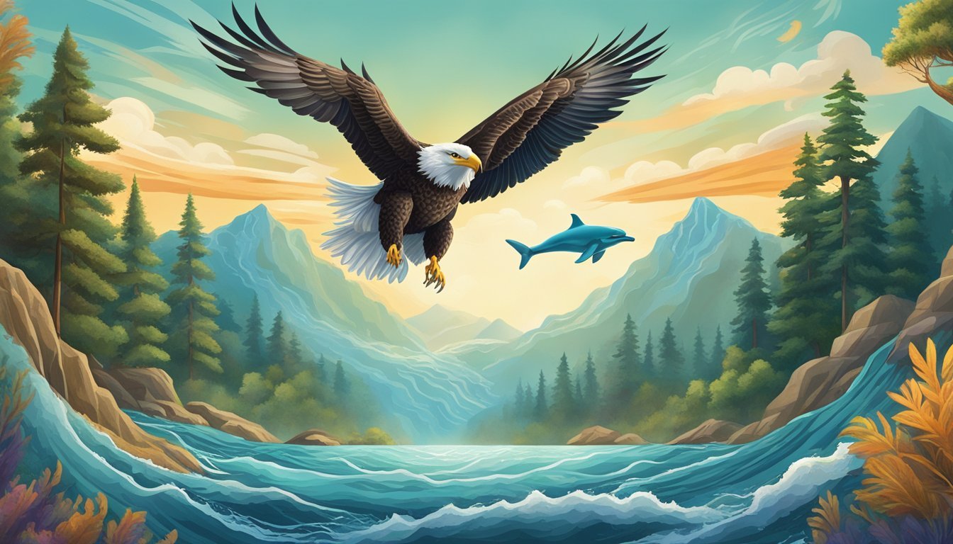 Three spirit animals: eagle soaring above mountains, wolf standing at the edge of a forest, and dolphin leaping out of the ocean waves