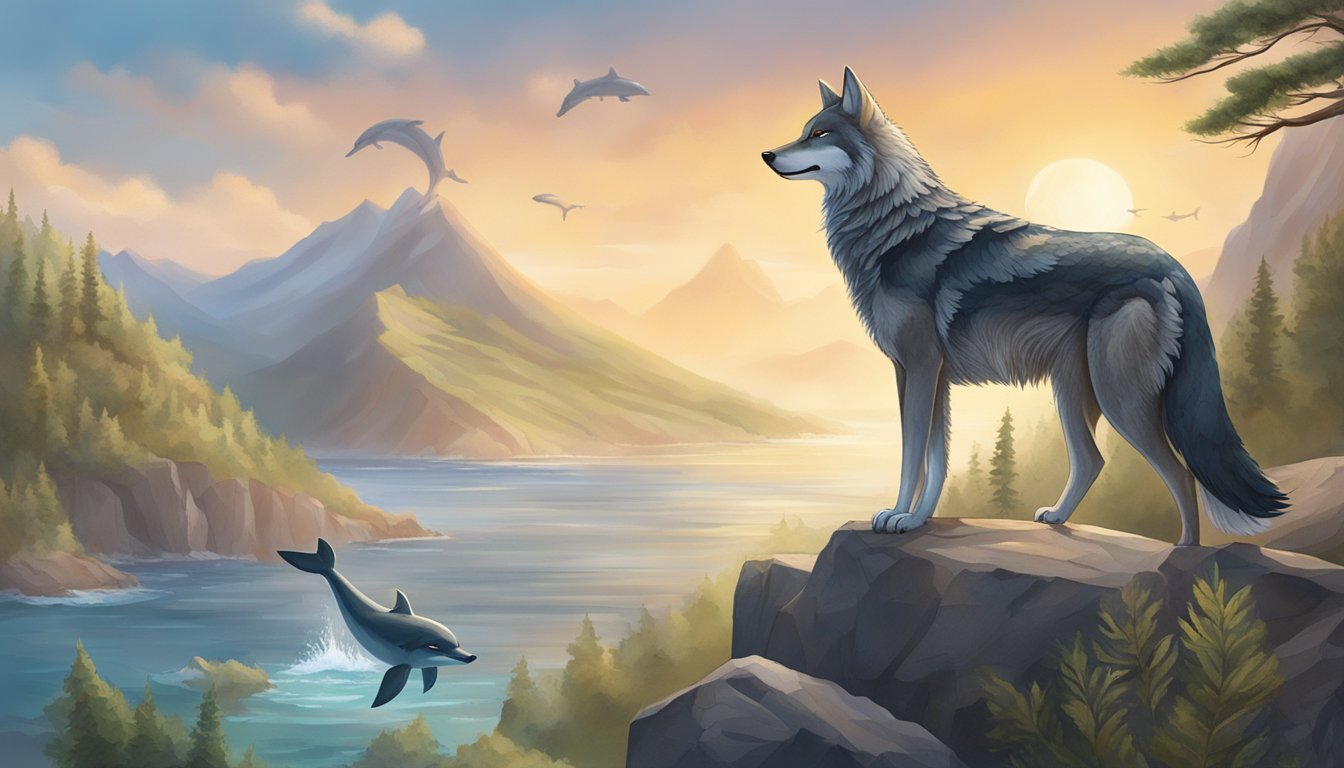 Three spirit animals, a wolf, a hawk, and a dolphin, stand together on a rocky cliff overlooking a vast, untamed wilderness, ready for adventure and exploration