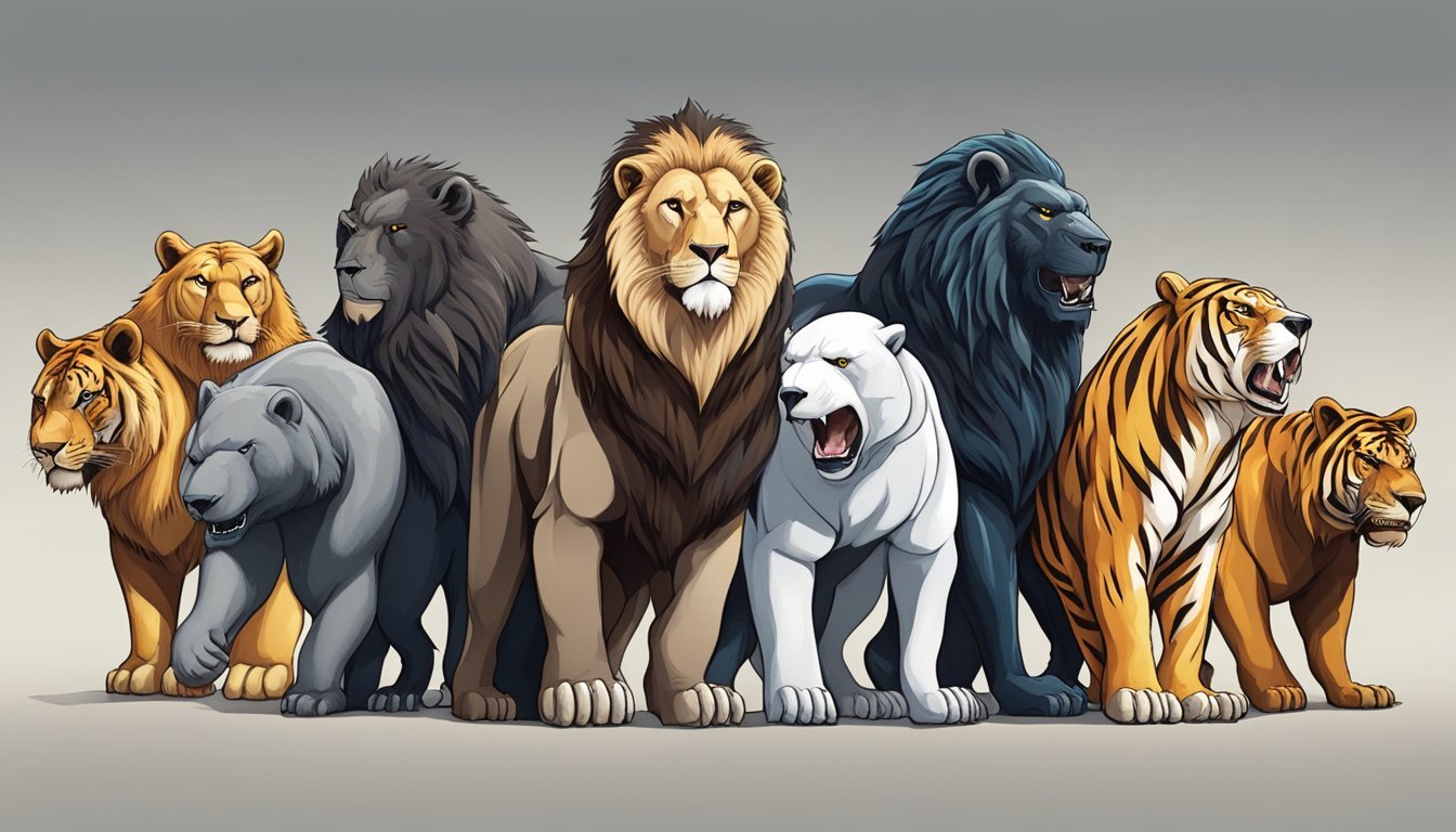 A lion, eagle, bear, wolf, tiger, shark, snake, and gorilla stand together, emanating strength and fearlessness