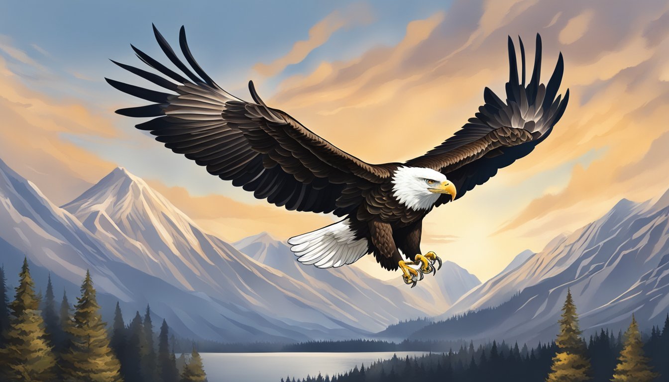 A majestic bald eagle soars through the sky, its wings outstretched and eyes focused with determination, embodying the spirit of courage