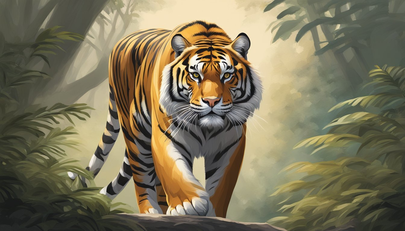 A majestic Bengal tiger stands proudly, emanating strength and courage.</p><p>Its piercing gaze and powerful stance convey a sense of fearlessness and determination